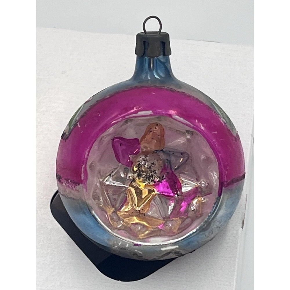 VTG Poland Reflector Indent Starburst Ornament Mercury Glass Pink Blue Christmas